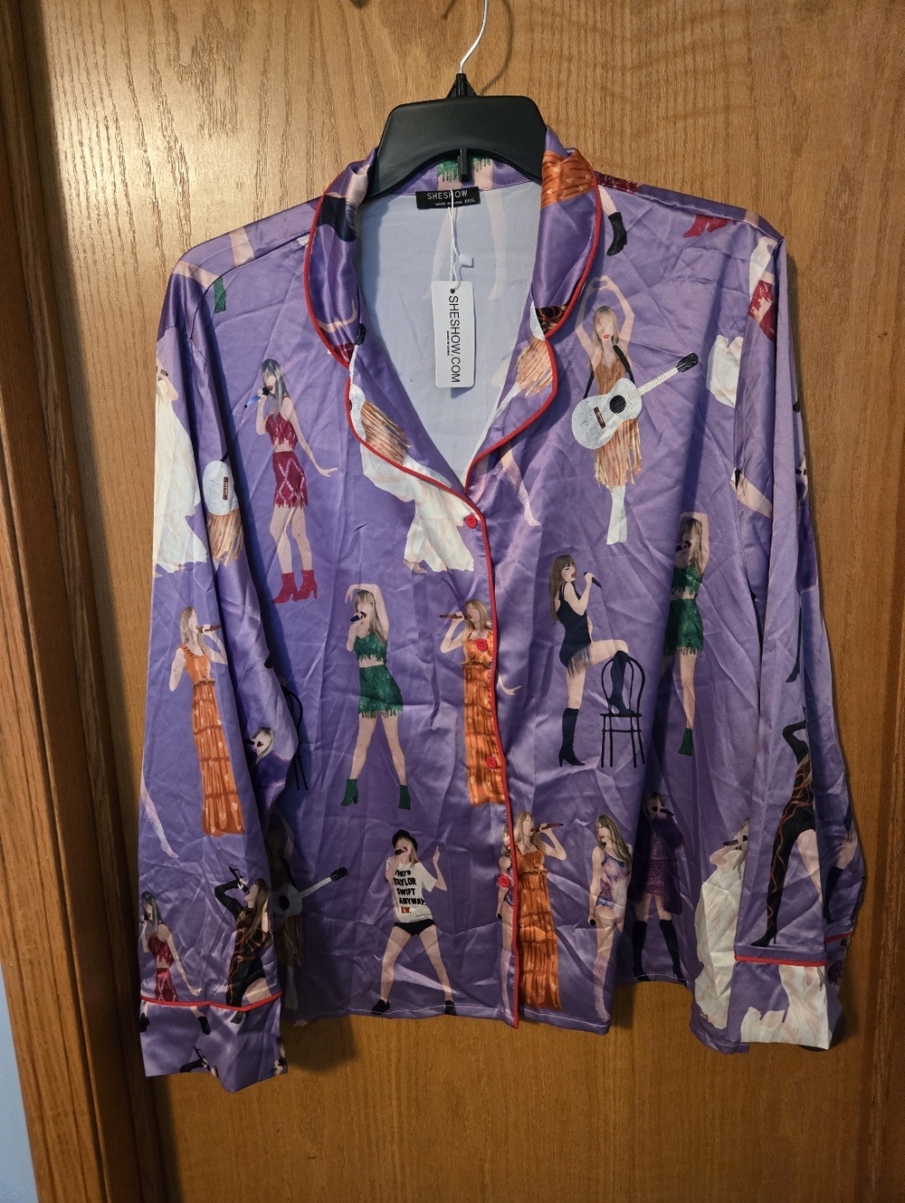 Women's Purple Satin Pajama Set with Taylor Swift Print - Picture 2 of 3